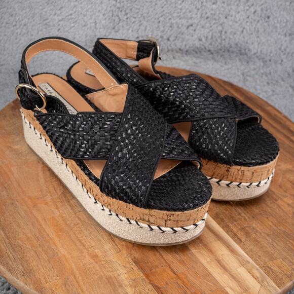 Zara Trafaluc Black Woven Cork Contrast Wedge Platform Sandals Size 37 - Picture 1 of 7
